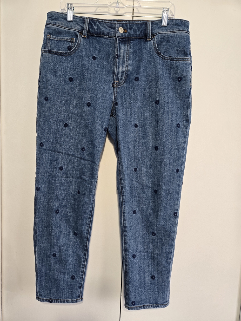 Talbots Womens Embroidered Dot Jeans 12 Petite Napa Wash Straight Leg Stretch